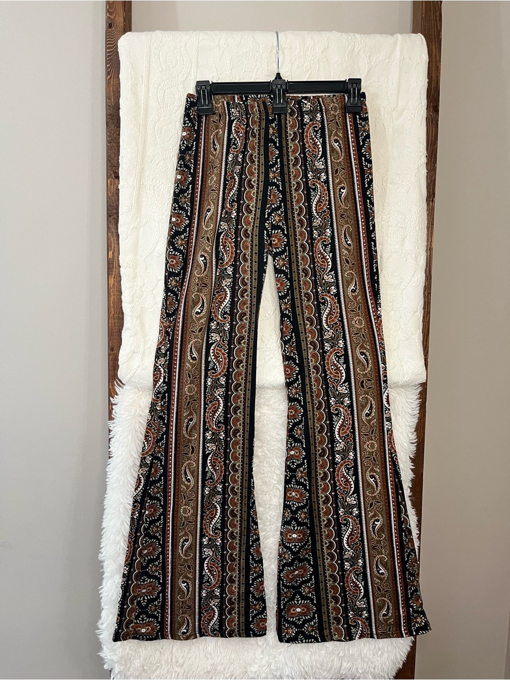 Boho Paisley Striped Flare Pants – High-Waisted Bell Bottoms